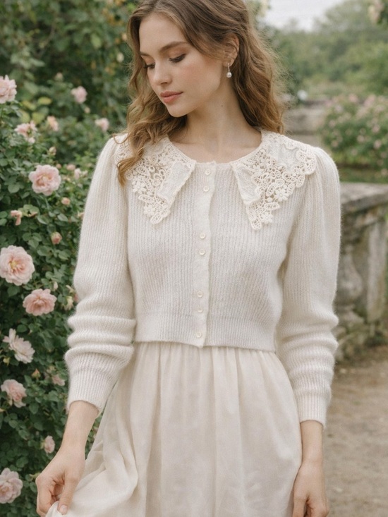 Topshop Sweaters - White Lace Collar Cardigan Cottagecore Coquette Ribbed Knit Cropped S
